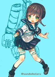 Rule 34 | 10s, 1girl, age difference, age regression, aged down, black hair, black legwear, blush, commentary request, fubuki (kancolle), green eyes, kantai collection, looking at viewer, machinery, neckerchief, pleated skirt, ponytail, sailor collar, school uniform, serafuku, short hair, short ponytail, simple background, skirt, solo, suzuho hotaru