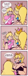 Rule 34 | 2girls, 3koma, angry, armlet, bare shoulders, batman (series), black nails, blonde hair, blue eyes, bowsette, bracelet, captainjerkpants, collar, collarbone, comic, constricted pupils, crown, dc comics, dress, earrings, elbow gloves, english text, face-to-face, fingernails, gloves, grin, half-closed eyes, hand on another&#039;s shoulder, hand up, height difference, highres, horns, jewelry, long hair, looking at another, mario (series), multiple girls, nail polish, new super mario bros. u deluxe, nintendo, open mouth, parody, pink dress, pointing, ponytail, princess peach, puffy short sleeves, puffy sleeves, sharp fingernails, sharp teeth, short sleeves, simple background, smile, sound effects, spiked armlet, spiked bracelet, spiked collar, spikes, strapless, super crown, teeth, the dark knight rises, upper body, wide-eyed, you gonna get raped