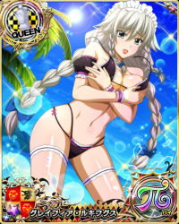 Rule 34 | 1girl, bikini, braid, breasts, card (medium), character name, chess piece, grayfia lucifuge, grey eyes, grey hair, high school dxd, high school dxd pi, large breasts, lipstick, long hair, looking at viewer, maid, maid bikini, maid headdress, makeup, navel, official art, queen (chess), red lips, solo, source request, standing, swimsuit, trading card, unconventional maid