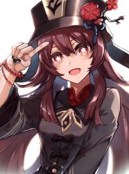 Rule 34 | 1girl, absurdres, arm at side, bead bracelet, beads, black hat, black nails, bracelet, brown hair, flower, genshin impact, grey shirt, hair between eyes, hat, hat flower, highres, hu tao (genshin impact), jewelry, long hair, long sleeves, looking at viewer, open mouth, red flower, shirt, simple background, solo, townoise, white background