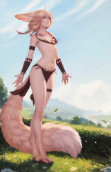 Rule 34 | 1girl, ahoge, animal ears, animal feet, arm strap, bare legs, bare shoulders, blurry, blurry background, bracer, braid, brown eyes, commentary, day, digitigrade, earrings, flat chest, fox ears, fox tail, half-closed eyes, highres, jewelry, khiara (personal ami), light brown hair, long hair, navel, necklace, original, outdoors, pelvic curtain, personal ami, smile, solo, standing, stomach, tail, thigh strap, tooth necklace, twin braids, wind