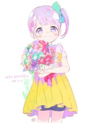 Rule 34 | 1girl, blue bow, blue flower, blue shorts, blunt bangs, bouquet, bow, commentary request, cowboy shot, dated, dress, flower, hair bow, hair flower, hair ornament, hair scrunchie, happy birthday, holding, holding bouquet, looking at viewer, machico maki, manaka non, manaka non (normal), open mouth, pink flower, pretty series, pripara, purple eyes, purple flower, purple hair, scrunchie, short hair, short sleeves, shorts, shorts under dress, side ponytail, smile, solo, standing, white background, yellow dress