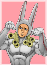 Rule 34 | 1boy, animal ears, bad id, bad pixiv id, blonde hair, blue eyes, collective-mind, cosplay, costume, dirty deeds done dirt cheap, dirty deeds done dirt cheap (cosplay), fake animal ears, funny valentine, jojo no kimyou na bouken, long hair, male focus, muscular, paw pose, pink background, rabbit ears, solo, steel ball run, upper body