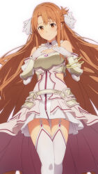Rule 34 | 1girl, arm armor, armor, armored dress, asuna (sao), asuna (stacia), asymmetrical bangs, braid, breastplate, brown eyes, brown hair, closed mouth, clothing cutout, commentary request, detached collar, detached sleeves, dress, french braid, garter straps, gloves, hair ribbon, hands on own chest, highres, hip armor, light blush, long hair, looking at viewer, ribbon, short ponytail, solo, strapless, strapless dress, sword art online, sword art online: alicization, sword art online: alicization - war of underworld, thighhighs, toraya (doujintraya), very long hair, white background, white dress, white garter straps, white gloves, white ribbon, white sleeves, white thighhighs