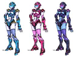 Rule 34 | 3girls, blue eyes, breasts, highres, humanoid robot, large breasts, multiple girls, navel, no humans, open hand, original, pink eyes, robot, signature, standing, tack (dnet), variations, visor, white background