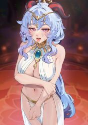 Rule 34 | absurdres, blue hair, center opening, esencey, ganyu (genshin impact), genshin impact, gold necklace, hair ornament, heart, heart-shaped pupils, highres, horns, jewelry, long hair, navel, necklace, pelvic curtain, symbol-shaped pupils, tongue, tongue out