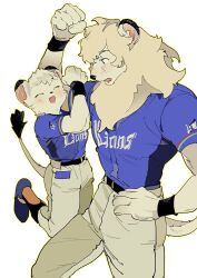 Rule 34 | 1boy, 1girl, animal ears, arm up, atie1225, baseball uniform, black eyes, blonde hair, blue shirt, body fur, closed eyes, commentary, cowboy shot, facing another, full body, furry, furry female, furry male, hanging on arm, holding another&#039;s arm, leo (seibu lions), light blush, lina (seibu lions), lion boy, lion ears, lion girl, lion tail, looking at another, mane, nippon professional baseball, open mouth, outline, pants, saitama seibu lions, shirt, short sleeves, simple background, sportswear, standing, symbol-only commentary, tail, white background, white pants, wristband, yellow outline