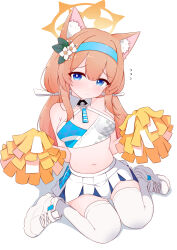 Rule 34 | 1girl, absurdres, alternate costume, animal ears, blue archive, blue eyes, blue hairband, breasts, bright pupils, cheerleader, commentary request, gu meng yin, hair ribbon, hairband, halo, highres, holding, holding pom poms, long hair, looking at viewer, mari (blue archive), medium breasts, millennium cheerleader outfit (blue archive), navel, orange hair, pom pom (cheerleading), pom poms, ribbon, shoes, simple background, sitting, skirt, sneakers, solo, thighhighs, white background, white footwear, white pupils, white ribbon, white skirt, white thighhighs, yellow halo