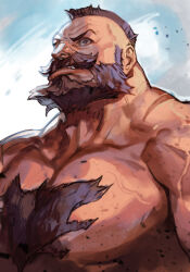 1boy beard brown_eyes brown_hair chest_hair clenched_teeth facial_hair hungry_clicker large_pectorals looking_up male_focus mohawk mustache pectorals solo street_fighter street_fighter_6 teeth topless_male upper_body veins veiny_arms zangief