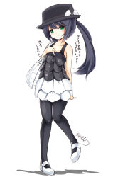 Rule 34 | 10s, 1girl, alternate color, alternate costume, alternate hair color, alternate hairstyle, arms behind back, bad id, bad pixiv id, bag, bare shoulders, black hair, black pantyhose, collarbone, creatures (company), full body, game freak, green eyes, handbag, hat, highres, hip focus, knees, legs, long hair, mary janes, miniskirt, nintendo, pantyhose, pokemon, pokemon xy, scarlet 0915, serena (pokemon), shoes, short hair, side ponytail, simple background, skirt, solo, thighhighs, translation request, twintails, white background