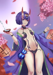Rule 34 | 1girl, absurdres, alcohol, bad id, bad pixiv id, bare shoulders, breasts, cecilia (oshigoto boshuuchuu), cup, fate/grand order, fate (series), flower, hair ornament, hand up, highres, horns, japanese clothes, kimono, lantern, navel, oni, paper lantern, petals, purple eyes, purple hair, revealing clothes, sakazuki, short hair, shuten douji (fate), shuten douji (first ascension) (fate), skin-covered horns, small breasts, smile, solo, standing