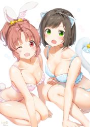 Rule 34 | 2girls, :d, ;d, abe nana, animal ears, arm support, bare arms, bare shoulders, barefoot, blue bra, blue panties, blue ribbon, blush, bra, breasts, brown hair, cat ears, cat tail, cleavage, collarbone, fake animal ears, fang, green eyes, highres, idolmaster, idolmaster cinderella girls, kinako (shiratama mochi), leaning forward, looking at viewer, maekawa miku, md5 mismatch, medium breasts, multiple girls, one eye closed, open mouth, panties, parted bangs, pink bra, pink panties, ponytail, rabbit ears, rabbit tail, red eyes, red hair, resolution mismatch, ribbon, ribbon-trimmed bra, seiza, shiny skin, short hair, signature, simple background, sitting, smile, source smaller, squatting, swept bangs, tail, tail ornament, tail ribbon, tareme, thighs, underwear, underwear only, white background