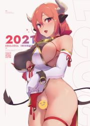 Rule 34 | 1girl, 2021, animal ears, bell, breasts, censored, clothing cutout, collar, cow ears, cow girl, cow horns, cow tail, cowbell, cuffs, elbow gloves, emoji, emoji censor, english text, female pubic hair, gloves, highres, horns, large breasts, looking at viewer, mole, mole under eye, neck bell, nitro (mugityaoisii), no panties, novelty censor, open mouth, original, pelvic curtain, pubic hair, qr code, red eyes, shackles, short hair, skindentation, smiley face, solo, standing, tail, thigh strap, underboob cutout, white gloves