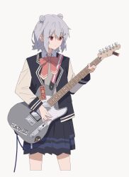 Rule 34 | 1girl, black skirt, black vest, bow, bowtie, cevio, closed mouth, cropped legs, dot nose, double bun, electric guitar, flat chest, grey background, grey hair, grey sweater, guitar, hair bun, hair ornament, hairclip, hand up, highres, holding, holding guitar, holding instrument, instrument, koharu rikka, long sleeves, looking at viewer, minatsuki (m1natsuk1), pink bow, pink bowtie, pleated skirt, red eyes, school uniform, shirt, short hair, sidelocks, simple background, skirt, solo, standing, sticker, strap, sweater, synthesizer v, vest, white shirt