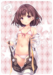 Rule 34 | 1girl, ?, blush, bow, bra, breasts, brown hair, collarbone, commentary request, cowboy shot, front-tie top, groin, hair bow, highres, looking at viewer, navel, open clothes, open mouth, original, overalls, panties, polka dot, polka dot bra, polka dot panties, ribbon, ryo (botugo), shirt, short hair, side-tie panties, small breasts, solo, string bra, string panties, thighhighs, underwear, undressing, white thighhighs