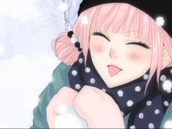 Rule 34 | 1girl, :p, alternate hairstyle, blush, cup, closed eyes, gloves, hat, hime cut, just be friends (vocaloid), megurine luka, mittens, outdoors, pink hair, polka dot, scarf, screencap, short hair, snow, snowball, solo, tongue, tongue out, twintails, vocaloid, yunomi, yunomi (yunomi imonuy)