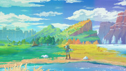 Rule 34 | absurdres, blue tunic, cloud, highres, hill, link, mountain, nature, nintendo, scenery, sheikah slate, sky, snow, sword, the legend of zelda, the legend of zelda: breath of the wild, tree, water, weapon, weapon on back, wide shot, x.x.d.x.c