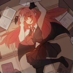 Rule 34 | 1girl, ;d, ahoge, arm up, bat wings, black pantyhose, black skirt, black vest, black wings, blurry, blush, book, breasts, collared shirt, depth of field, dress shirt, from above, hair between eyes, head wings, highres, koakuma, long hair, long sleeves, looking at viewer, low wings, lying, magic circle, medium breasts, necktie, no shoes, on side, one eye closed, open book, open mouth, pantyhose, paper, pentagram, pleated skirt, pointy ears, red eyes, red hair, red necktie, shirt, sidelocks, skirt, smile, solo, tile floor, tiles, touhou, very long hair, vest, white shirt, wings, yige chizi