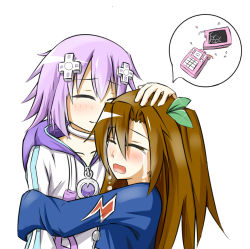Rule 34 | 10s, 2girls, bad id, bad pixiv id, blush, bow, broken, brown hair, cellphone, closed eyes, coat, collarbone, comforting, crying, d-pad, hair bow, hair ornament, hairclip, hand on another&#039;s head, headpat, hood, hoodie, hug, if (neptunia), long hair, miruzawa akechi, multiple girls, neptune (neptunia), neptune (series), nishizawa nepu, open mouth, phone, purple hair, short hair, side ponytail, smile, streaming tears, tears, thought bubble, white background