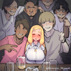 Rule 34 | 1girl, 6+boys, beer mug, blonde hair, blush, breasts, closed eyes, collared shirt, crescent, crescent necklace, cup, drunk, facing viewer, flower, hair flower, hair ornament, huge breasts, impossible clothes, impossible shirt, indie virtual youtuber, jewelry, long hair, long sleeves, looking at viewer, mug, multiple boys, necklace, open mouth, parted bangs, shinonome megu, shirt, sidelocks, swept bangs, thick eyebrows, twitter username, virtual youtuber, white shirt, yoshiwa tomo