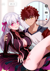 Rule 34 | 1boy, 1girl, black dress, blue pants, blush, body markings, breasts, carrying, cleavage, closed mouth, clothes between thighs, commentary request, dark persona, dark sakura, denim, dress, emiya shirou, fate/stay night, fate (series), hair ribbon, heaven&#039;s feel, hetero, highres, indian style, jeans, koohii koucha maru, large breasts, long hair, matou sakura, navel, open mouth, pants, pink eyes, pink ribbon, princess carry, raglan sleeves, red hair, ribbon, short hair, sitting, smile, spiked hair, thighs, translation request, white hair, yellow eyes