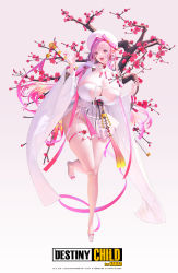 Rule 34 | 1girl, absurdres, breasts, cleavage, copyright name, destiny child, detached sleeves, eye reflection, fangs, flower, highres, huge breasts, hyulla, lips, looking at viewer, open mouth, pelvic curtain, pink eyes, pink hair, pink ribbon, reflection, revealing clothes, ribbon, senga (destiny child), skindentation, solo, tagme, teardrop tattoo, thigh strap, wide sleeves