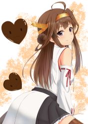 Rule 34 | 10s, 1girl, ass, back, bare shoulders, brown hair, candy, chocolate, chocolate heart, detached sleeves, double bun, food, hairband, headgear, heart, highres, japanese clothes, kantai collection, kongou (kancolle), long hair, looking back, nontraditional miko, ribbon-trimmed sleeves, ribbon trim, sitting, skirt, smile, solo, thighhighs, valentine, ya (pixiv 15923779), zettai ryouiki