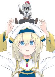 Rule 34 | 10s, 1girl, armor, blonde hair, blue eyes, dress, flying sweatdrops, full armor, gem, goblin slayer, goblin slayer!, hair between eyes, hat, helmet, highres, long hair, long sleeves, looking up, mini person, miniboy, myht, on head, open mouth, person on head, priestess (goblin slayer!), simple background, sword, weapon, white background, white hat