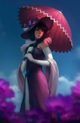 Rule 34 | 1girl, black hair, borrowed character, commentary, commission, dress, elbow gloves, flat chest, gloves, hat, jewelry, lips, lipstick, long hair, makeup, necklace, nose, original, parasol, pearl necklace, purple dress, shawl, solo, sun hat, tsuaii, umbrella, watermark, web address, white gloves