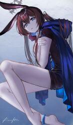 Rule 34 | 1girl, absurdres, amiya (arknights), animal ear fluff, animal ears, anklet, arknights, bare legs, barefoot, black shirt, blue cape, blue eyes, brown hair, cape, crown, gradient background, grey background, highres, hood, hood down, hooded cape, jewelry, legs, long hair, looking at viewer, multiple rings, official alternate costume, open mouth, ponytail, rabbit ears, rau ma (the rauma001), ring, self hug, shirt, short sleeves, signature, solo, very long hair