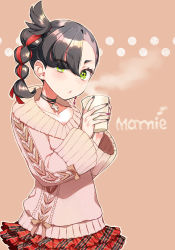 Rule 34 | 1girl, alternate costume, alternate hairstyle, blush, braid, brown background, brown sweater, character name, closed mouth, collarbone, commentary request, creatures (company), cup, eyelashes, game freak, green eyes, hair tie, hands up, holding, holding cup, long sleeves, looking at viewer, marnie (pokemon), nail polish, nintendo, pokemon, pokemon swsh, red skirt, sasairebun, side braid, skirt, solo, steam, sweater