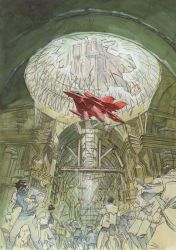 Rule 34 | aircraft, aoki uru, broken glass, building, ceiling, city, crowd, dome, gainax, glass, highres, indoors, military, official art, science fiction, traditional media, yoshinari you