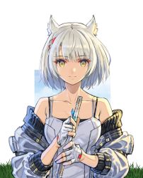 Rule 34 | 1girl, absurdres, animal ear fluff, animal ears, bare shoulders, breasts, cat ears, chest jewel, commentary, detexted, english commentary, fingerless gloves, flute, gloves, grey hair, highres, holding, holding instrument, instrument, jacket, jacket on shoulders, light smile, looking at viewer, mio (xenoblade), official art, resized, saitou masatsugu, shaded face, simple background, solo, sunlight, tank top, third-party edit, upscaled, white jacket, white tank top, xenoblade chronicles (series), xenoblade chronicles 3, yellow eyes