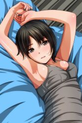 Rule 34 | 1girl, absurdres, armpits, arms up, bare arms, bed sheet, black hair, blush, breasts, brown eyes, collarbone, dated commentary, grey tank top, highres, looking at viewer, lying, matsunaga kouyou, medium breasts, on back, open mouth, original, short hair, solo, tank top, teeth, upper body, upper teeth only