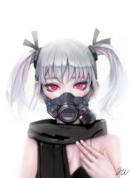 Rule 34 | 1girl, bad id, bad pixiv id, black dress, dress, gas mask, looking at viewer, mask, original, pink eyes, rabbit (wlsdnjs950), red eyes, scarf, short hair, signature, silver hair, solo, spaghetti strap, twintails