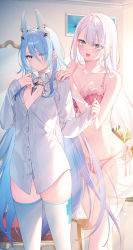 Rule 34 | 2girls, arms up, backlighting, bikini, blue eyes, blue hair, bra, breasts, closed mouth, expressionless, hand on another&#039;s shoulder, highres, jewelry, long hair, long sleeves, medium breasts, multiple girls, navel, no bra, no gloves, no pants, novel illustration, official art, open mouth, panties, riselia ray crystalia, seiken gakuin no maken tsukai, small breasts, smile, string bikini, swimsuit, thighhighs, thighs, toosaka asagi, underwear, underwear only, white hair, white thighhighs