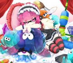 Rule 34 | 1girl, arrow (projectile), bed, belt, black dress, black ribbon, blush, cat, cross-laced clothes, curtains, dress, eyebrows, frilled pillow, frills, full body, futase hijiri, garter straps, indoors, inkling, inkling girl, inkling player character, jellyfish, jellyfish (splatoon), jelonzo (splatoon), judd (splatoon), leaning to the side, long hair, looking at viewer, maid headdress, nintendo, paintbrush, pillow, pointy ears, purple eyes, red ribbon, ribbon, short sleeves, sitting, solo, splat roller (splatoon), splatoon (series), splatoon 1, splattershot (splatoon), squid, striped clothes, striped thighhighs, super soaker, tentacle hair, thigh gap, thighhighs, wrist cuffs