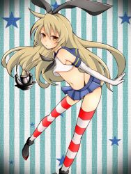 Rule 34 | 10s, 1girl, anchor, anchor hair ornament, blonde hair, brown eyes, elbow gloves, gloves, hair ornament, hairband, kantai collection, long hair, looking at viewer, mine1225, navel, personification, shimakaze (kancolle), skirt, solo, star (symbol), starry background, striped background, striped clothes, striped thighhighs, thighhighs, vertical stripes, white gloves