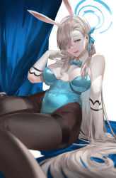 Rule 34 | 1girl, animal ears, asuna (blue archive), asuna (bunny) (blue archive), bare shoulders, blazpu, blue archive, blue eyes, blue leotard, blush, bow, bowtie, breasts, brown pantyhose, cleavage, detached collar, elbow gloves, fake animal ears, gloves, hair over one eye, halo, highleg, highleg leotard, highres, large breasts, leotard, light brown hair, long hair, looking at viewer, mole, mole on breast, open mouth, pantyhose, playboy bunny, rabbit ears, sitting, smile, solo, thighs, traditional bowtie, very long hair, white gloves