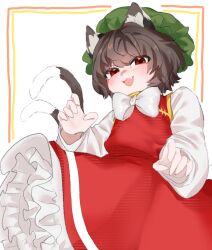 Rule 34 | 1girl, :d, animal ear fluff, animal ears, blush, bow, bowtie, brown hair, cat ears, cat tail, chen, commentary request, dress, fang, flat chest, frills, from below, gold trim, green hat, half-closed eyes, hat, highres, long sleeves, mob cap, multiple tails, nekomata, open mouth, petticoat, puffy long sleeves, puffy sleeves, red dress, red eyes, short hair, simple background, skin fang, smile, solo, tail, touhou, two tails, white background, white bow, white bowtie, yagisan1578