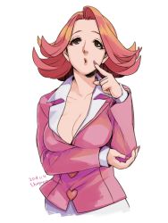 Rule 34 | 10s, 1girl, 2013, blazer, breasts, brown eyes, cleavage, dated, flipped hair, ace attorney, phoenix wright: ace attorney, jacket, large breasts, nail polish, pink hair, april may, short hair, solo, suzuki hayase, white background