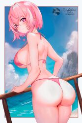 Rule 34 | 1girl, absurdres, artist name, ass, back, backboob, bare arms, bikini, blue sky, blush, bob cut, breasts, closed mouth, cloud, cloudy sky, commentary, crossed bangs, day, earrings, english commentary, facebook logo, from behind, hair between eyes, heart, heart in eye, highres, instagram logo, jewelry, large breasts, looking at viewer, looking back, ocean, original, outdoors, outside border, pink bikini, pink eyes, pink hair, pixiv logo, signature, sky, solo, swimsuit, symbol in eye, thighs, tiktok logo, twitter logo, twitter username, vodeferr, white background