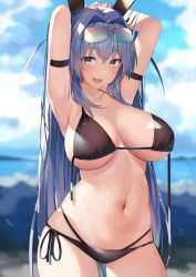 Rule 34 | 1girl, absurdres, alternate costume, animal ears, armband, armpits, arms behind head, arms up, azur lane, bikini, black bikini, blue eyes, blue hair, blue sky, blurry, blurry background, breasts, breasts apart, chromatic aberration, cloud, commentary, crossed bangs, day, eyes visible through hair, eyewear on head, hair between eyes, hair intakes, highres, large breasts, long hair, looking at viewer, navel, new jersey (azur lane), open mouth, outdoors, rabbit ears, sidelocks, sky, smile, solo, sunglasses, swimsuit, u ronnta, very long hair