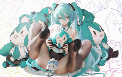 Rule 34 | 1girl, aqua eyes, aqua hair, aqua necktie, ass, bare shoulders, black thighhighs, covered erect nipples, detached sleeves, feet, foot focus, full body, hatsune miku, highres, legs, long hair, looking at viewer, necktie, no shoes, omone hokoma agm, pantyhose, sanrio, soles, stuffed toy, thighhighs, toes, twintails, very long hair, vocaloid