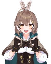 Rule 34 | 1girl, :d, ahoge, blue cape, blush, bow, bowtie, brown bow, brown bowtie, brown cape, brown eyes, brown gloves, brown hair, cape, feather hair ornament, feathers, gloves, hair between eyes, hair ornament, hairclip, hands up, highres, hololive, hololive english, looking at viewer, nanashi mumei, open mouth, partially fingerless gloves, runes, simple background, smile, solo, twitter username, two-sided cape, two-sided fabric, upper body, virtual youtuber, white background, yoako