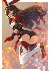 Rule 34 | 1girl, absurdres, amber (genshin impact), ass, brown hair, brown shorts, genshin impact, gloves, goggles, goggles on head, hair ribbon, highres, jacket, long hair, onimoti, open mouth, red gloves, red jacket, ribbon, short shorts, shorts, solo, thighhighs, vision (genshin impact), white thighhighs