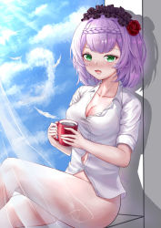 Rule 34 | 1girl, :d, alternate costume, ass, benzi li, blue sky, blunt bangs, bottomless, braid, breasts, cleavage, cloud, cloudy sky, coffee, coffee mug, collarbone, commentary request, contemporary, cup, flower, genshin impact, green eyes, hair flower, hair ornament, hairband, holding, holding cup, lolita hairband, looking at viewer, mug, no pants, noelle (genshin impact), open mouth, purple hair, school uniform, shirt, short hair, short sleeves, sidelocks, single braid, sitting, sky, smile, solo, steam, sunlight
