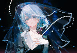 Rule 34 | 1girl, bad id, bad twitter id, beads, black background, black dress, blue hair, character request, ciloranko, collarbone, copyright request, dark, dress, gloves, hand on own chest, highres, looking at viewer, rainbow, short hair, simple background, snowflake print, solo, tears, upper body, veil, white gloves