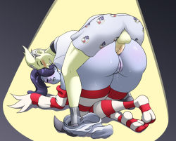 Rule 34 | 1boy, 1girl, anal, ass, blue skin, blush, clothed male nude female, clothed sex, colored skin, hetero, huge ass, hyoumaru, leviathan (skullgirls), nude, pussy, sex, skullgirls, squigly (skullgirls), striped clothes, striped sleeves, striped thighhighs, sweat, thighhighs, zombie