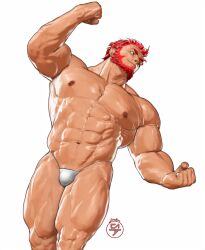 Rule 34 | 1boy, 3d, abs, bara, beard, bikini briefs, bulge, clenched hands, doosoo, facial hair, fate/grand order, fate (series), feet out of frame, flexing, from below, full beard, iskandar (fate), large pectorals, male focus, male underwear, muscular, muscular male, nipples, obliques, pectorals, red hair, short hair, smile, solo, standing, stomach, strongman waist, thick beard, thick eyebrows, thick thighs, thighs, thighs together, topless male, underwear, white background, white male underwear